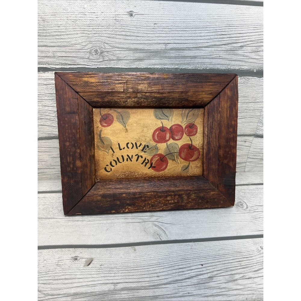 Vintage Cottagecore Cherry Print Framed Picture Wall Hand Paint Home Decor